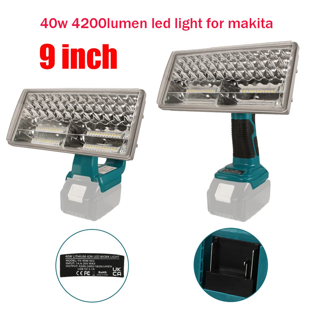 9 inch 40W LED Lamp For Makita BL1430 BL1830 18V Lithium Battery LED Working Light Indoor Outdoor Spotlight Flashlight With USB