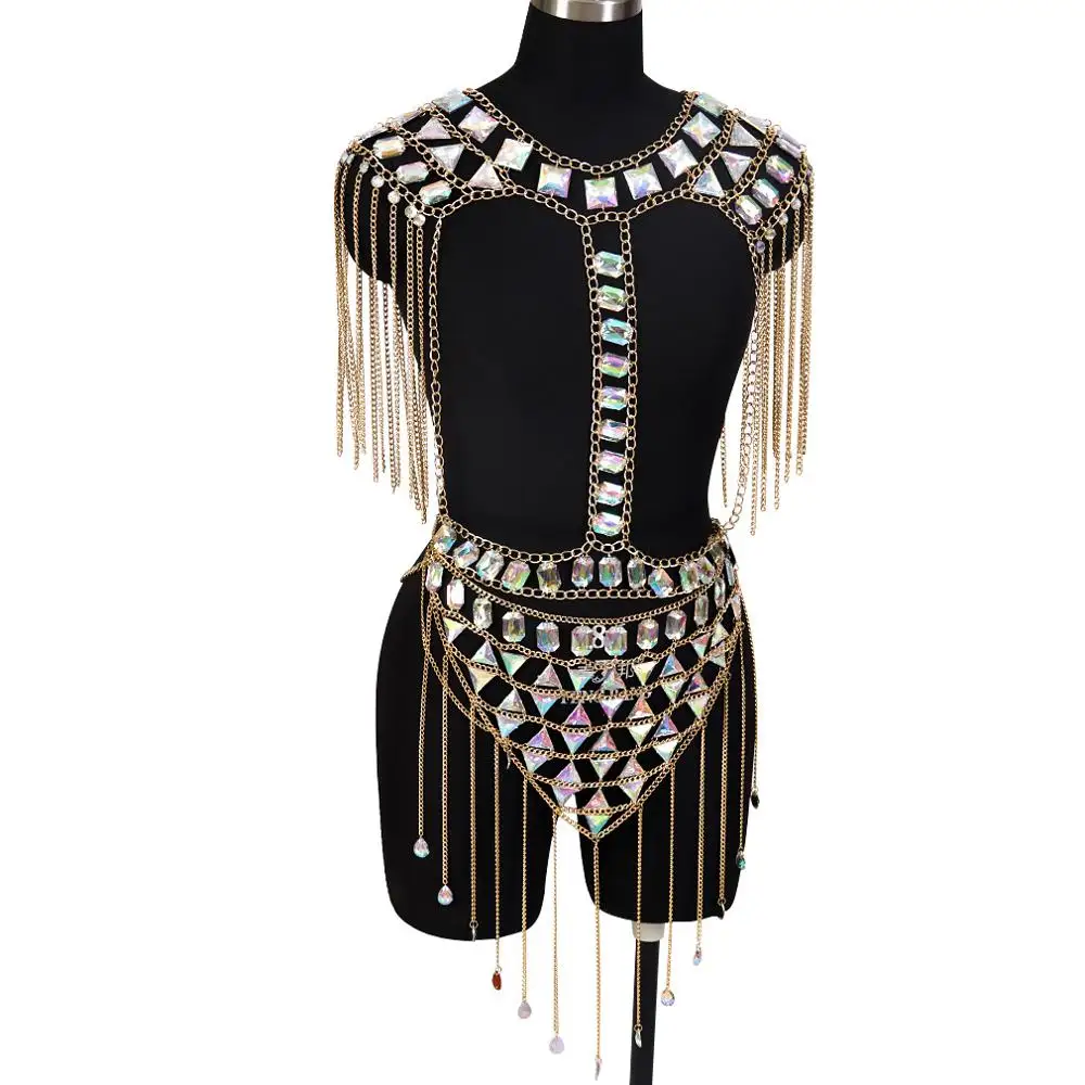 Body Chain Harness Shoulder Epaulette Crystal Jewelry Chest Belt Waist Skirt Sequins Top Set Plus Size Party Dance Rave Wear