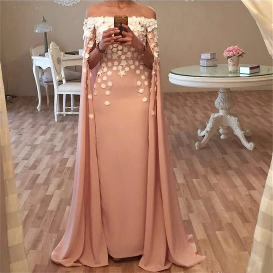 Robe de soirée longue avec Cape, caftan, col bateau, Champagne, fleurs 3D, Appliques, arabie saoudite, robe de bal