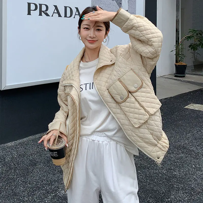 2024 winter new small fragrance wind ringed cotton-padded jacket down jacket women wear wind spell leather jacket light jacket