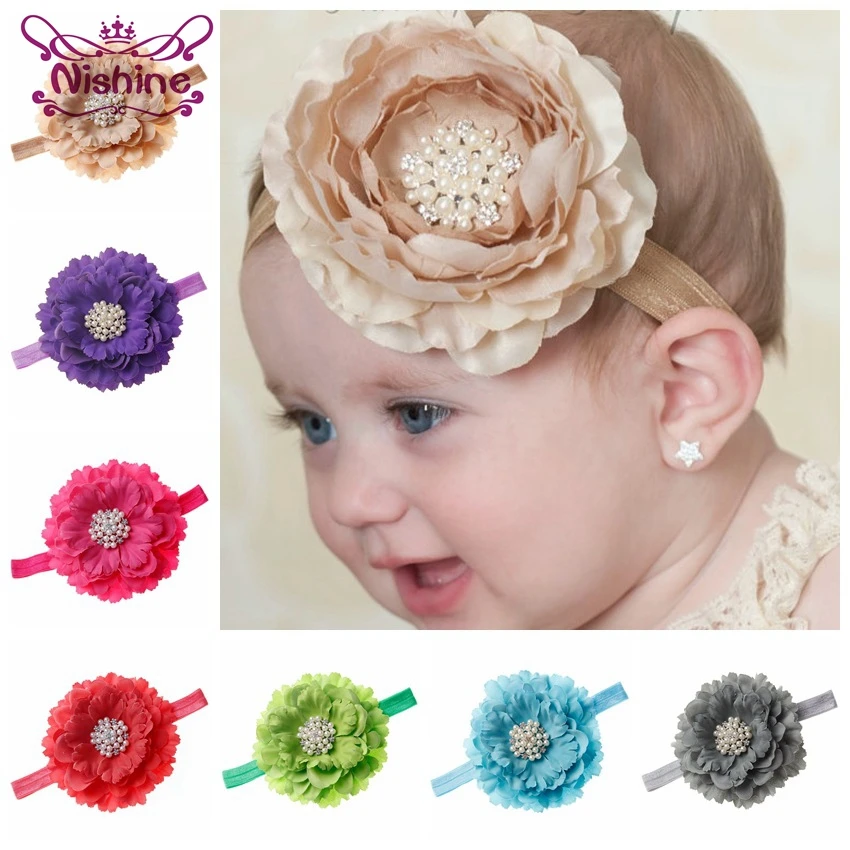 Nishine 18 Colors Kids Peony Flower With Pearl Rhinestone Button Headband Shiny Party Birthday Gift Hair Accessories Photo Shoot