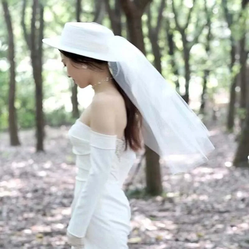 Sombrero de satén blanco elegante para mujer, sombrero de sol con velo, accesorios para el cabello de novia, boda, Birdal, nuevo