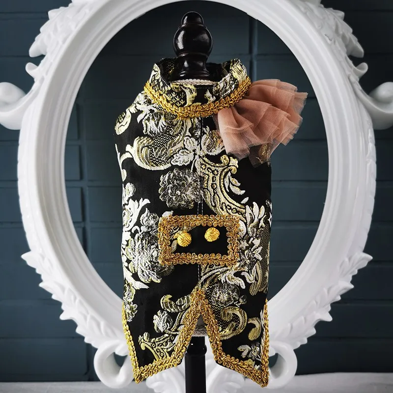 Handmade Dog Clothes Pet Jacket Suit Swallow-Tailed Coat Tuxedo Luxury Royal Palace Golden Embroidery Holiday Party Costume