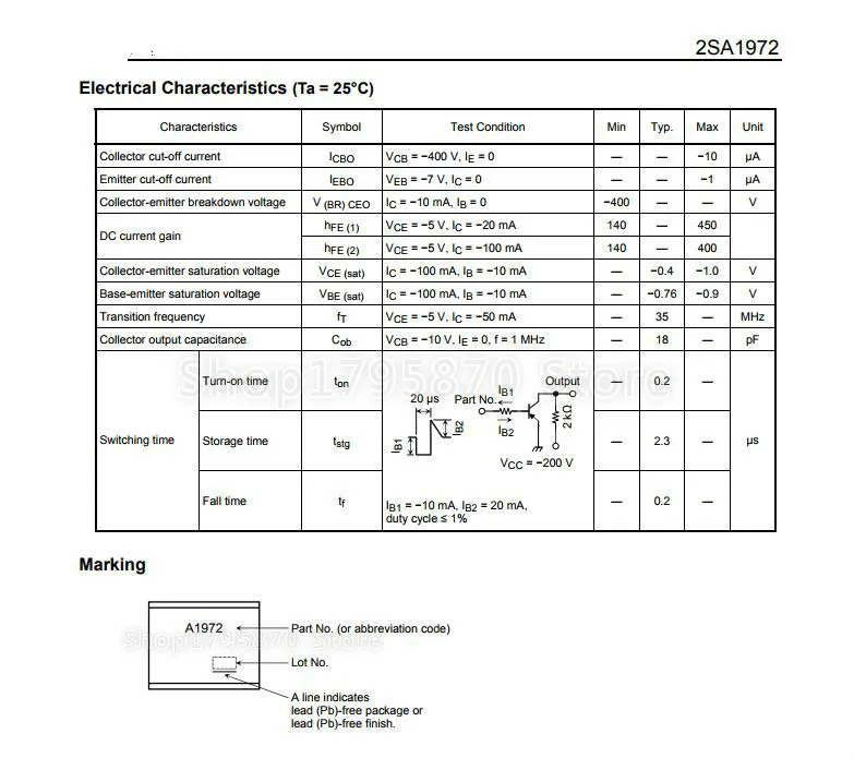 100%NEW ORIGINAL 2SA1972 A1972 TO92L TRANS PNP 400V 0.5A LSTM TRANSISTOR (HIGH VOLTAGE SWITCHING APPLICATIONS) In Stock