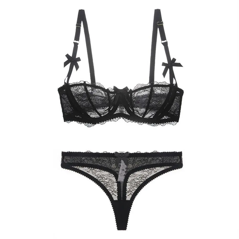 

Lace Half Cup Bra Set With Thong Transparent Lingerie Hot Erotic Bra And Panty Set Plus Size Big Small Underwear 30 40 D E Cup