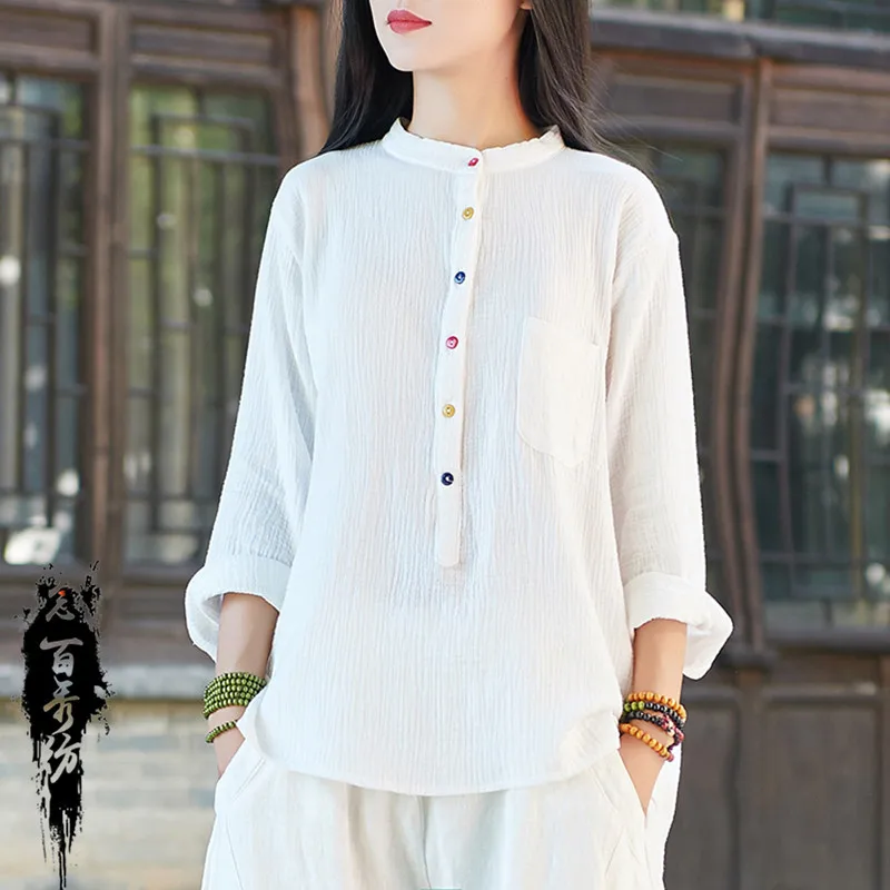 

LZJN 2020 Summer Tops Blusas Long Sleeve Shirt Casual Women Cotton Linen Blosues Tops Chemise Femme