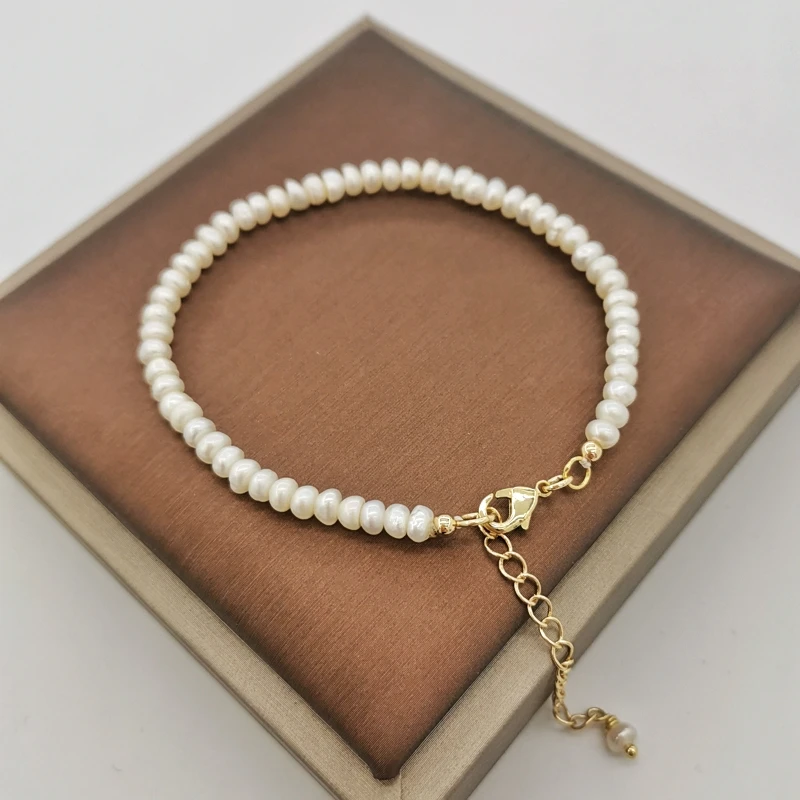 4mm Natural Freshwater Pearl Tiny Bracelet 14K Gold Filled Adjustable Delicate White Pearl Beaded Boho Bangles Pulsera For Women