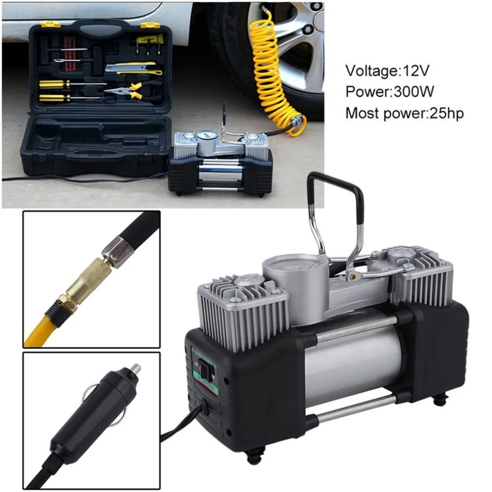 자동차 공기 압축기 타이어, 스테인레스 스틸 더블 실린더 팽창기, 고출력 자동차 타이어 팽창 펌프, 60L/min, 300W, 150PSI, 12V