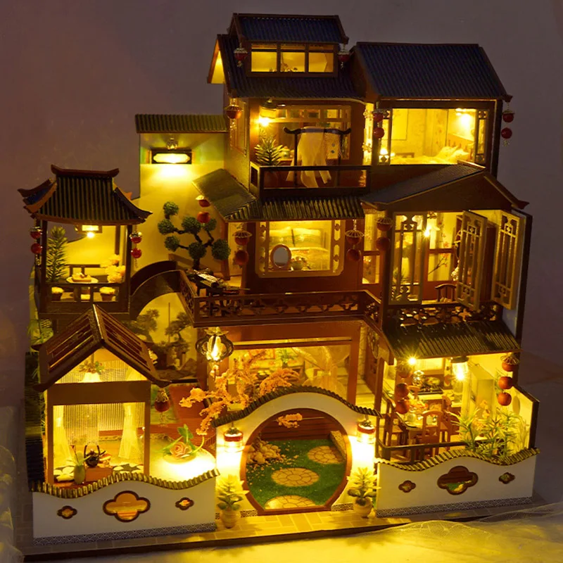 DIY Miniatures Wooden Dollhouse Kit Furniture Chinese Roombox Model Large Villa Doll House Casa Assembled Toys for Adults Gifts