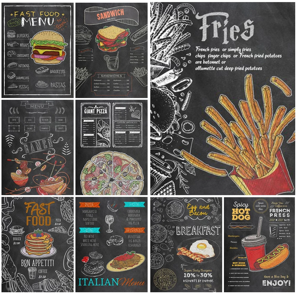 

Kitchen Food Menu Hamburger Fries Wall Pictures For Living Room Fast Food Shop Nordic Poster Wall Art Canvas Painting Unframed