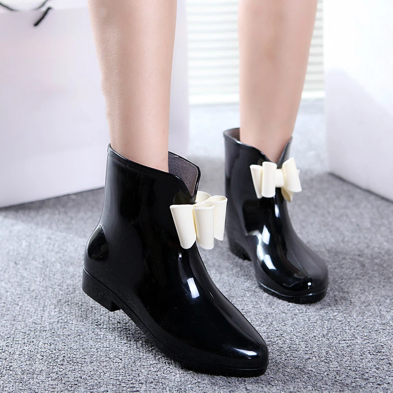 Dwayne Bowtie Ankle Rain Boots Women Low Heels Non-slip Glossy Rainboots Waterproof PVC Woman Water Shoes round toe women boots9