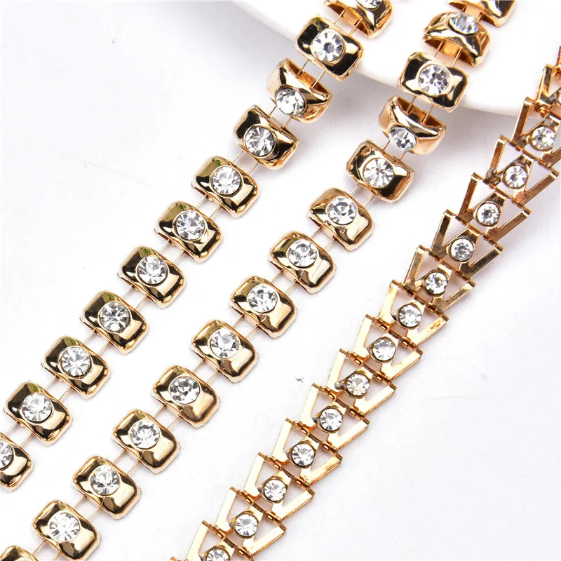 1Yard Fancy Rhinestone Metal Trimming Applique Diamond-Studded Gold Leaf Steamed Bun Chain