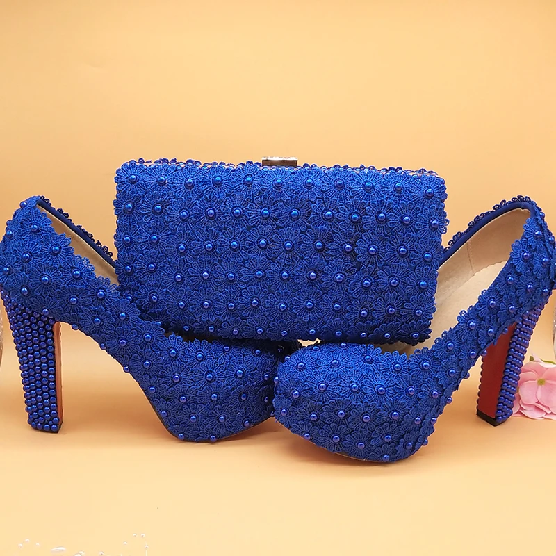 Love Moments Royal blue Flower Beads wedding shoes with matching bags Galosh Para Dress shoes woman high heels platform shoes