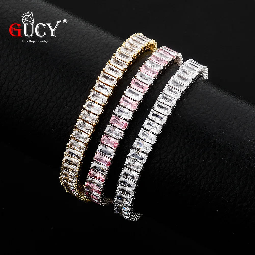 GUCY Fashion 8mm Square  Bracelet Iced AAA+Zircon Baguette Chain Men's Hip Hop Jewelry Copper Material    For Gift