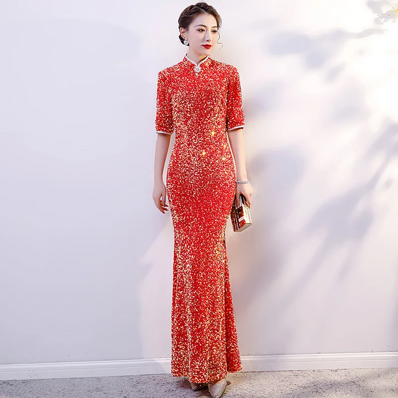 New Luxury Gorgeous Long Fork Sequin Cheongsam Stage Show Dance Dress Elegant Sexy Slim Bodycon Qipao Fashion Gown Novelty