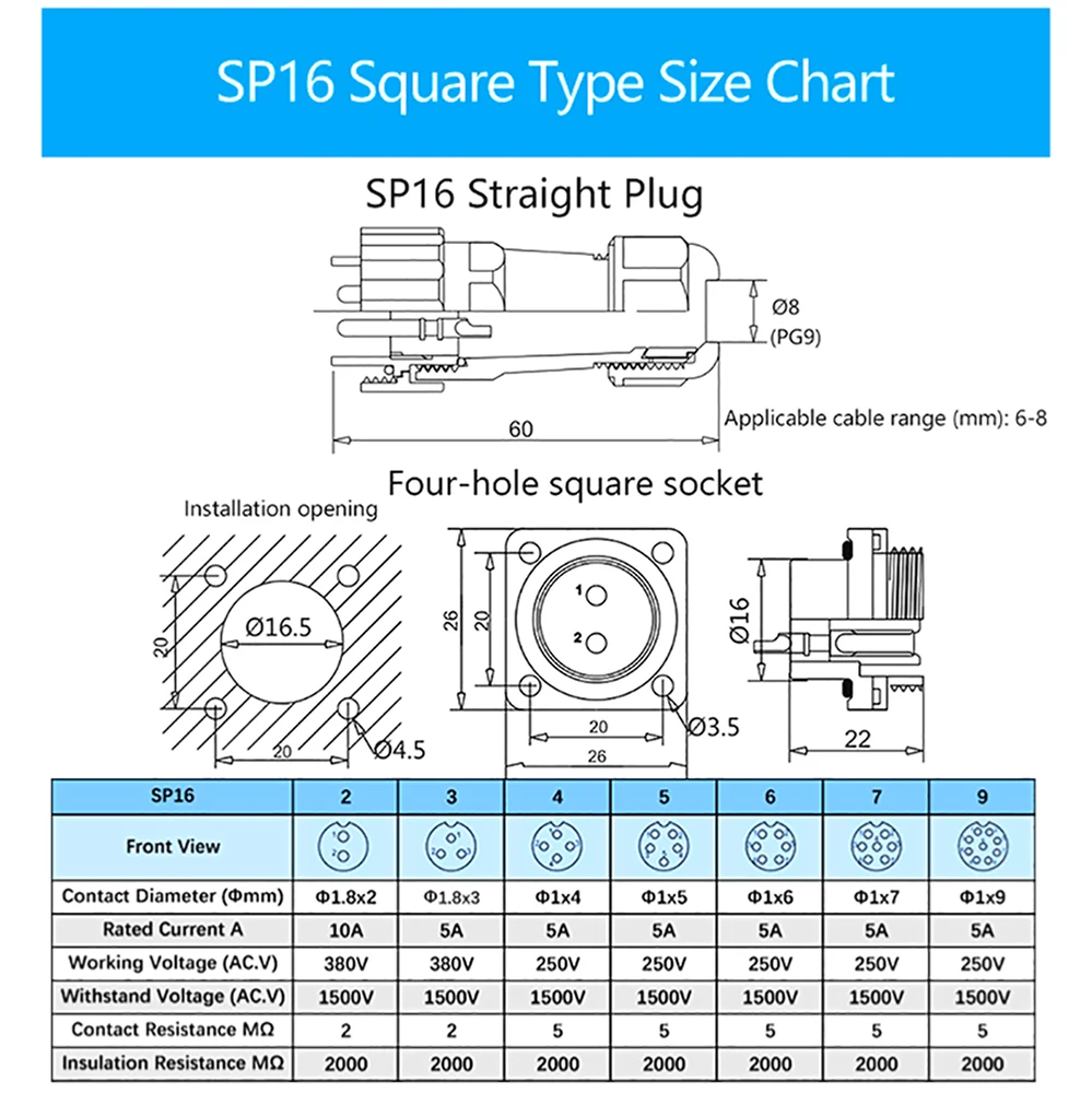 IP68 SP16 square waterproof connector plug  2 3 4 5 6 7 9 Pin  Aviation connectors plug  socket 4 hole Square Socket