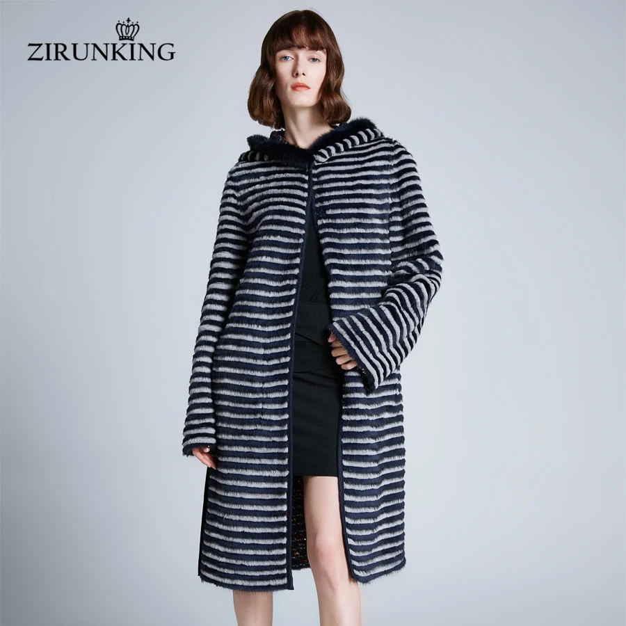 ZIRUNKING Women Reversible Real Mink Fur With Rex Fur Coat Lady Knitted Stripe Female Winter Warn Hooded Parka Outerwear ZC1910