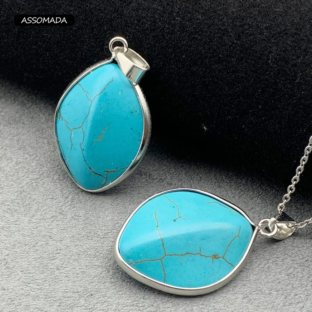 ASSOMADA Blue Turquoises Stone Pendant For Women Chain Necklace Turquoise Charms For Jewelry Making Gift Supplies 22mmx30mm