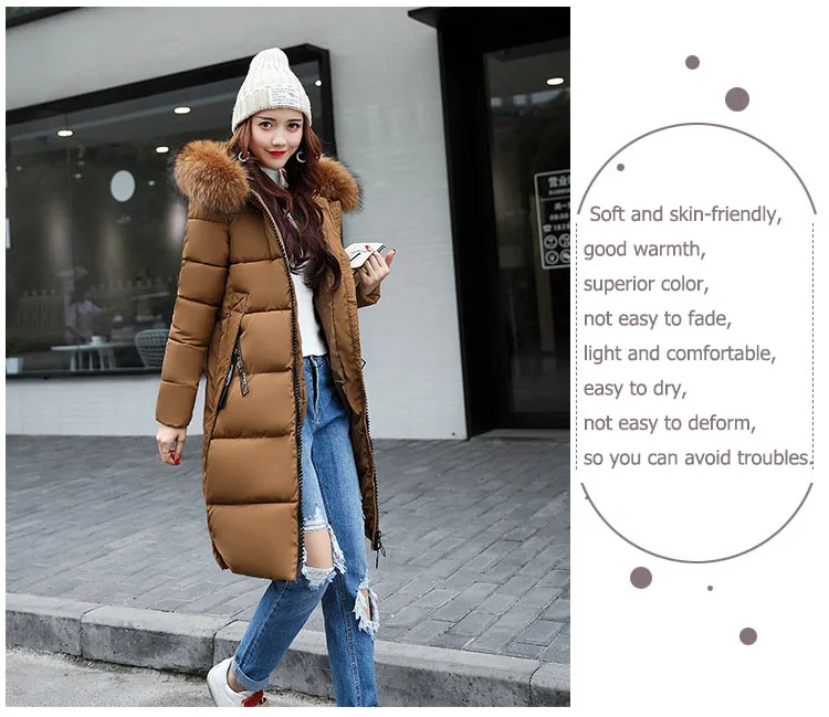 2025 Women's Down Parkas Winter Jacket Big Fur Collar Thick Slim Coat Fashion Hooded Cotton Outerwear Long Winter Woman Coat