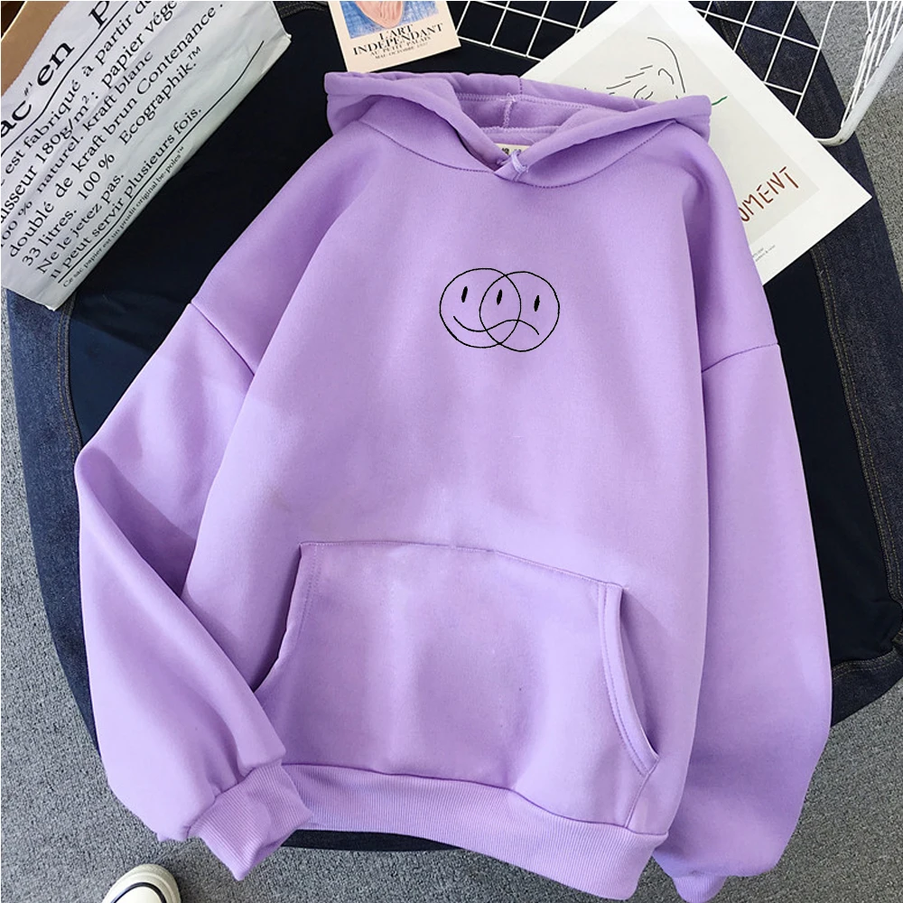 Student Sportswear Tops Smile Sad Face  Streetwear Sweatshirt Women Casual Pullover Hip Hop Long Sleeve Line Print Hoodies