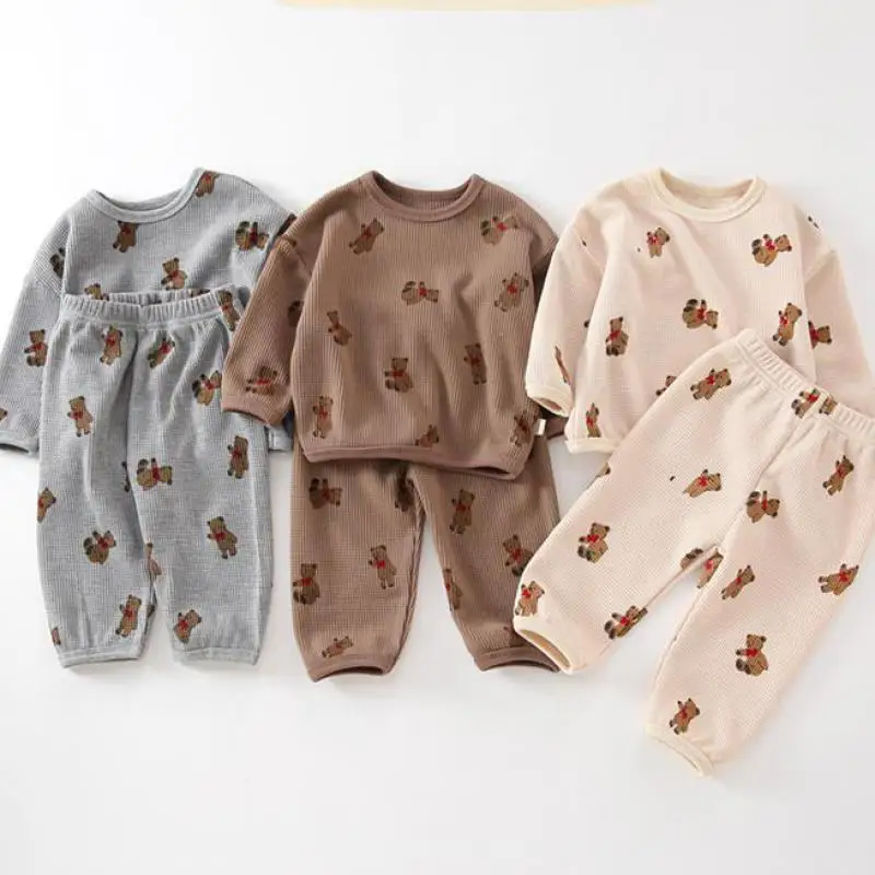 Newborn Clothes Boys Round Neck Fashion New Waffle Suit Infant Girls Cute Cartoon Bear Print 2024 Spring Autumn Pajamas Set