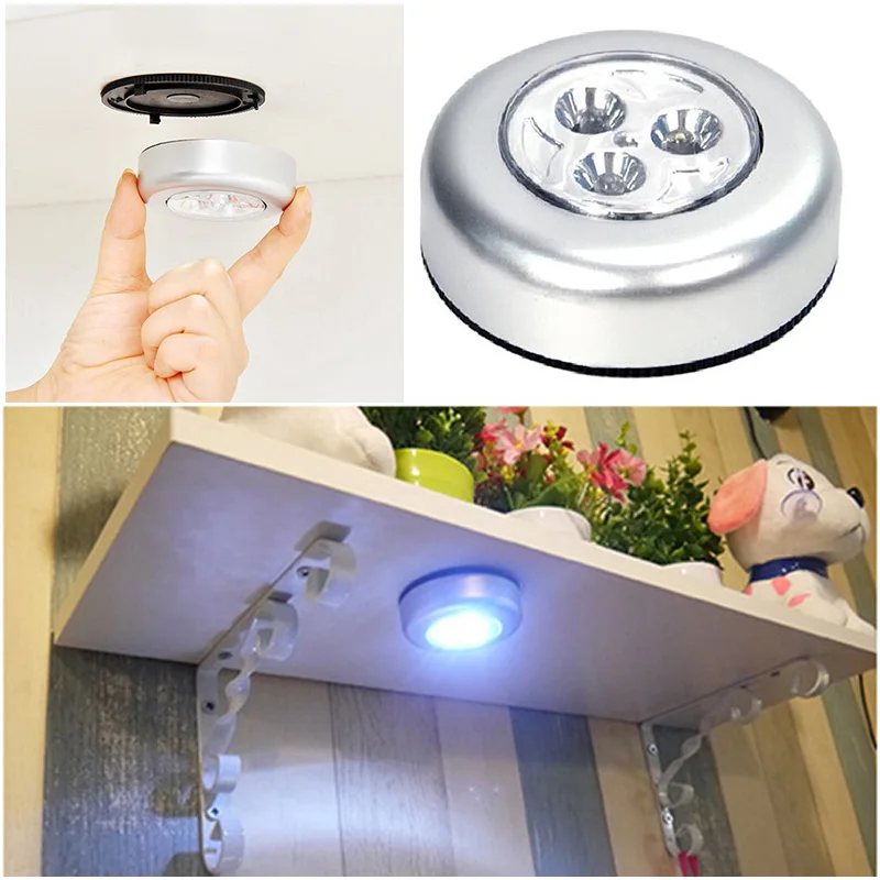 1pc pressione a luz do toque com 3 lâmpadas led mini armário lâmpada de poupança energia alimentado por bateria lâmpada parede portátil luz teto