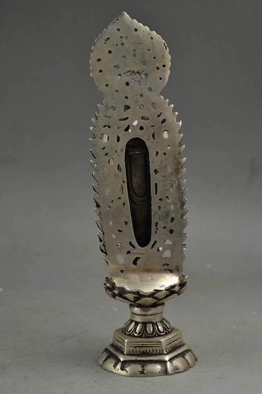 Handwork Miao Silver Carving Vivid Kwan-Yin Stand Lotus Noble Auspicious buddha Statue decoration metal handicraft