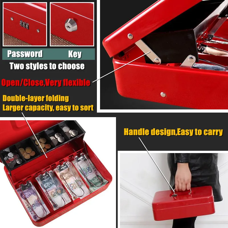 XL:30x24cm Metal Mini Safe Box Key Lock Store Money Coin Cashier 2-layer Fold Password Cash Register Jewellery Bank Card Storage