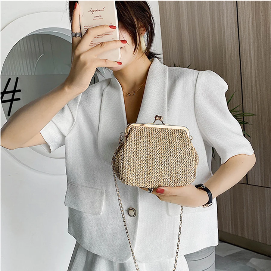 casual straw women shoulder bags wicker woven handbags rattan summer beach bag large capacity clip lady small purses shopper new