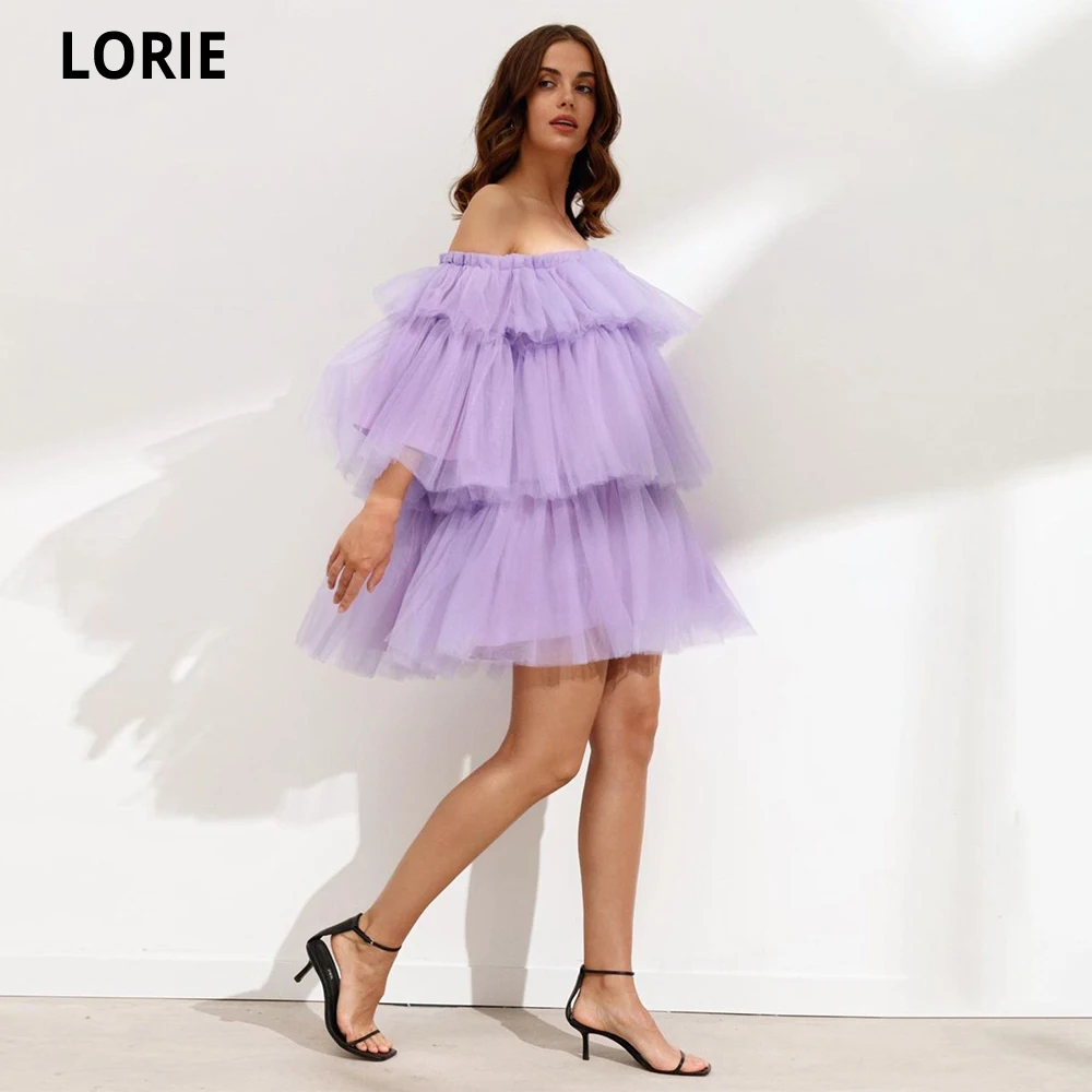 Lorie Lila Korte Prom Jurken Uit De Schouder Tiered Tulle Homecoming Party Dress Boven Knie Tutu Rok Lady Formele Gowns