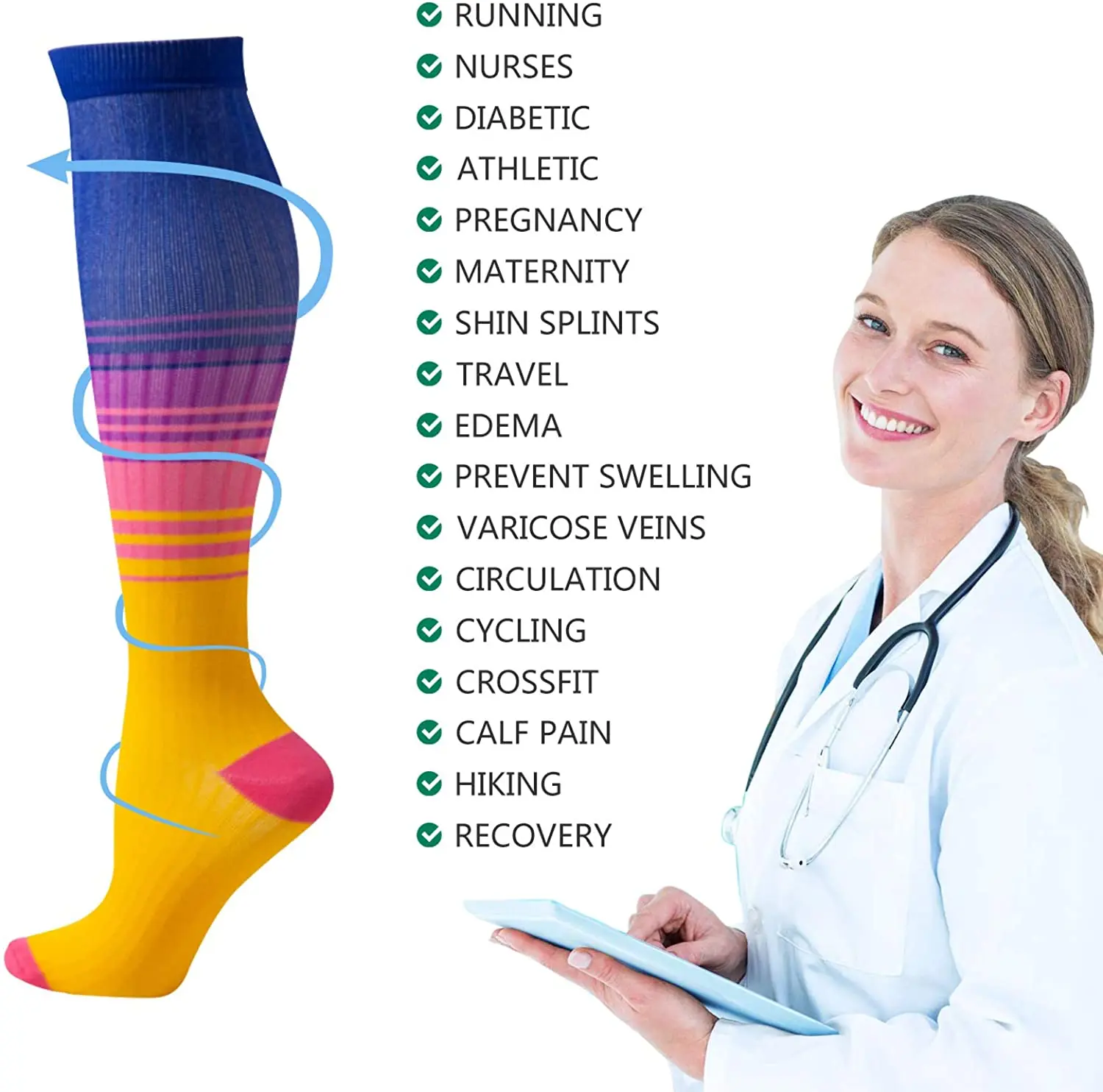 Women Men Compression Socks Running Sports Socks 30 MmHg  Knee High Nursing Anti Fatigue Pain Relief Varicose Veins Stockings