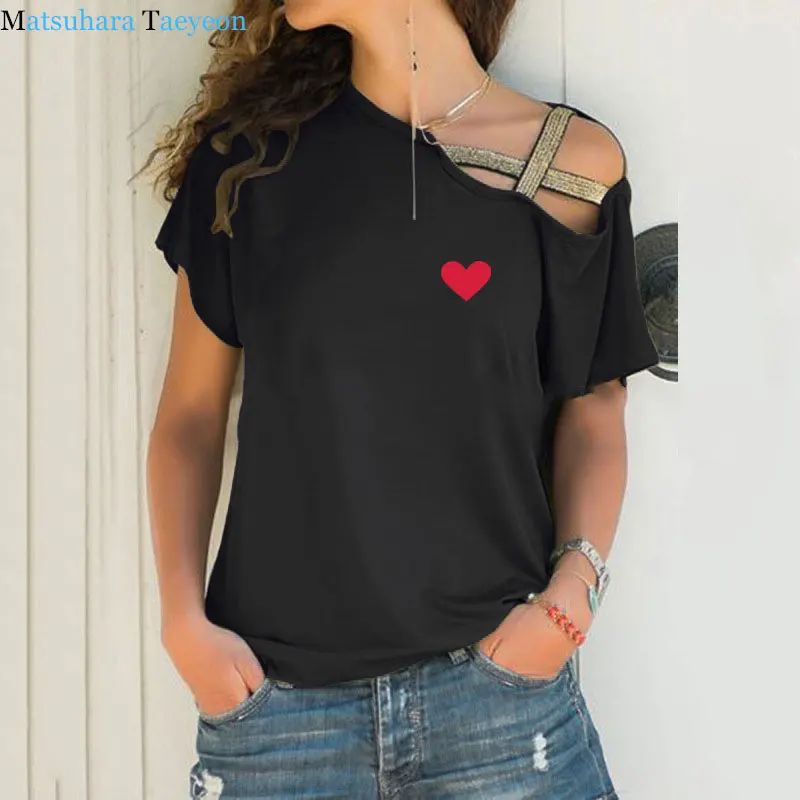 Summer Cotton Women T Shirt Heart Print Young Girl Short Sleeve Tees Tops Casual Simple sexy Irregular Female TShirts