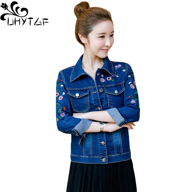 UHYTGF Autumn Denim Jacket Women Fashion Embroidery Short Jacket Female Long Sleeve Slim Outwear Casual Jeans Jacket Ladies 878