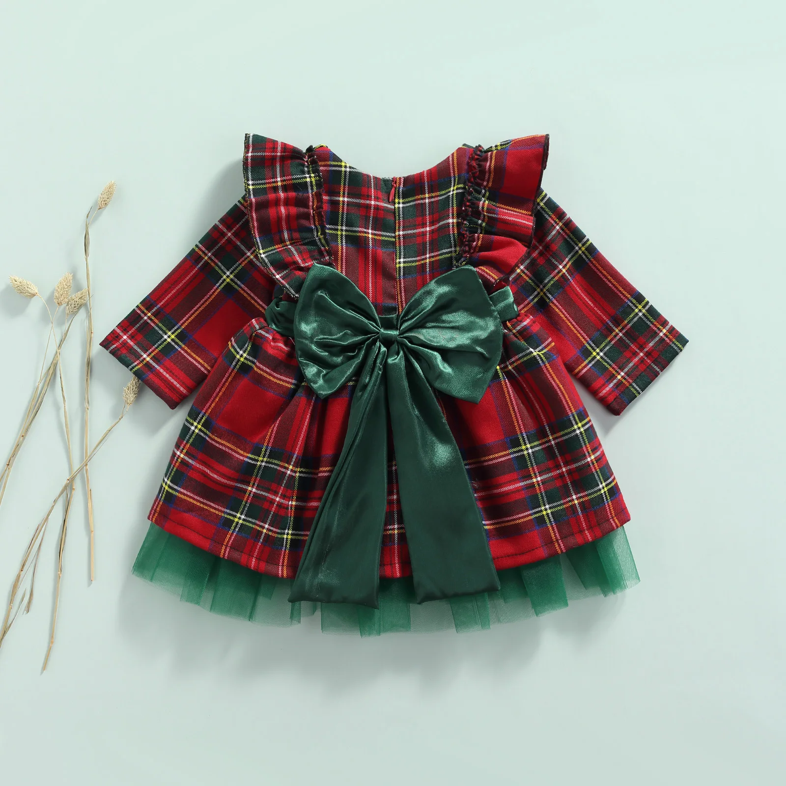 New Kids Christmas Dress Baby Girls Plaid Ruffle Long Sleeve Bowknot Tutu Dress Party Princess Children Girls Clothes