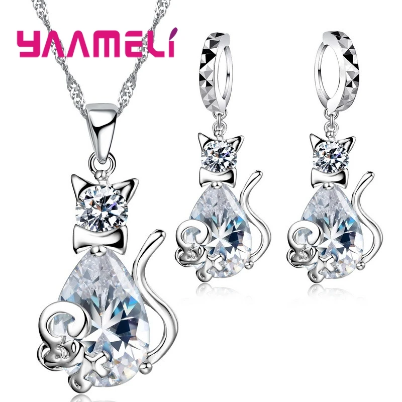 Lovely Christmas Birthday Gift for Girls 925 Sterling Silver Color Cubic Zircon Cute Cat Pendant Necklace Earrings Jewelry Set