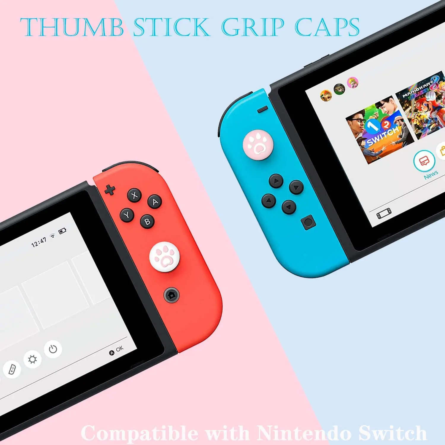 Capa protetora rosa para Nintendo Switch, Joy-Con Controladores, protetor de tela de vidro, 4 apertos do polegar