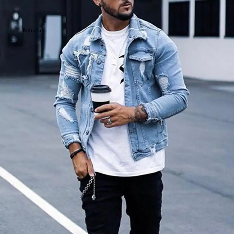 

Men Denim Jacket Hole Ripped Men Coat Moto Biker Men Jeans Jacket Pockets Chaquetas Hombre Washed Jeans Bomber Jacket