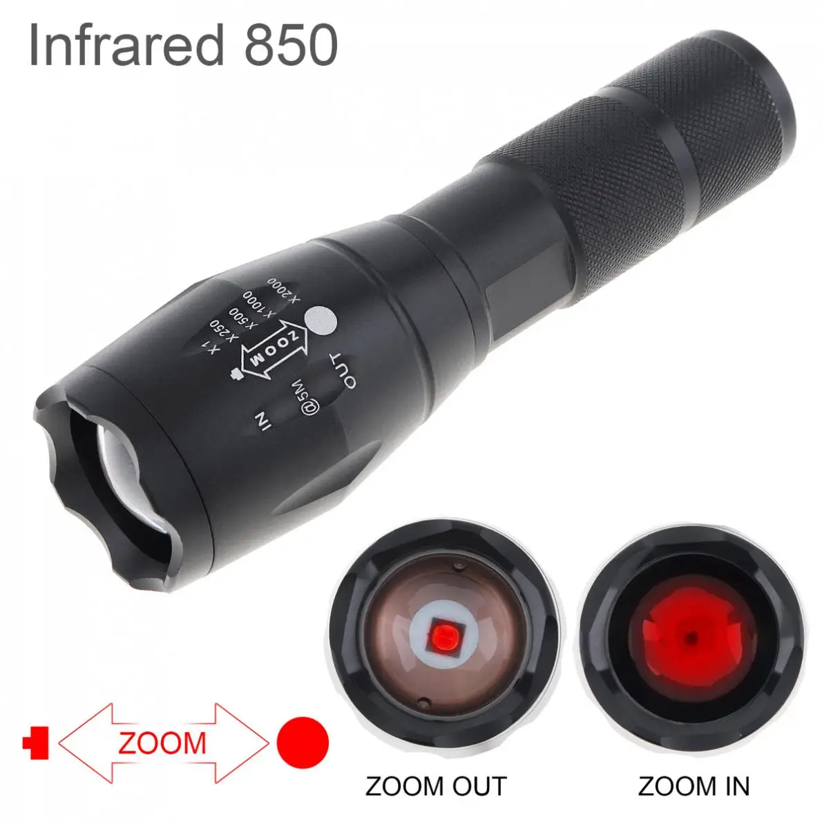 Linterna de caza IR con enfoque con zoom, LED de 850nm, radiación infrarroja, antorcha de visión nocturna IR, utiliza batería 18650/AAA