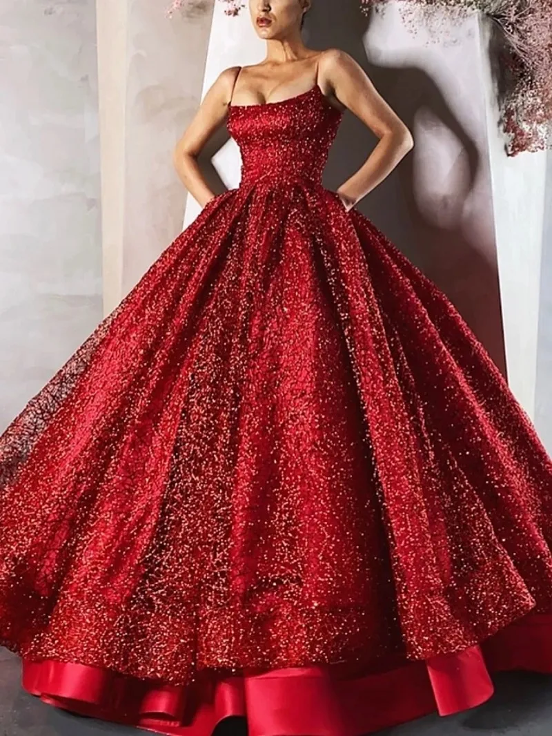 Ballkleid Luxuriöse Sparkle Rot Prom Kleider 2021 Straps Pailletten Formale Engagement Party Kleider Robe De Soiree