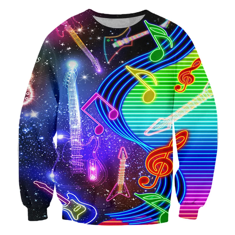 

Fall 3D Colorful Guitar Music Notes Shiny Round Neck Long Sleeve Womens Oversized Casual Elegant Harajuku Loose Sweater Pullover