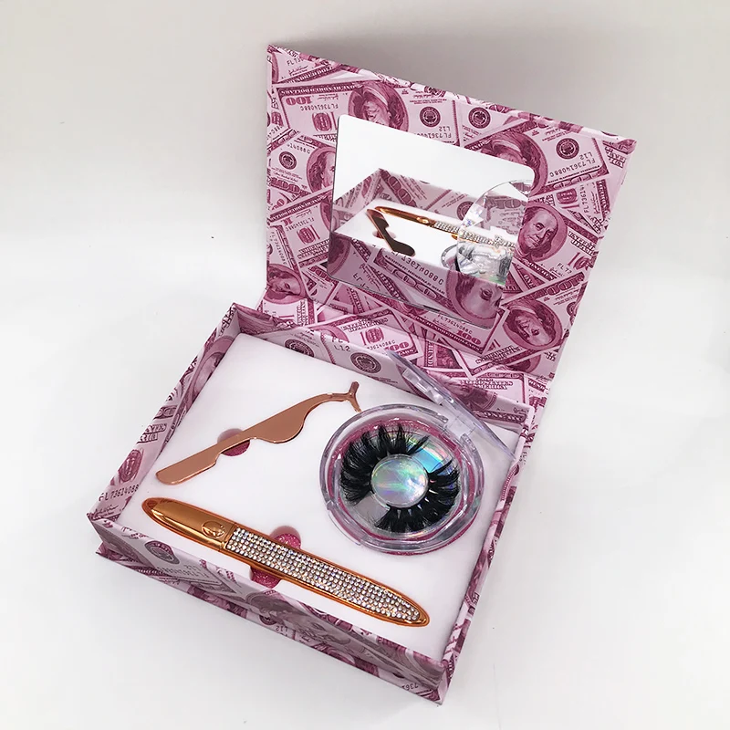 New Magnetic Mirror Box with Black Eyeliner Pen Lash Tweezers Dramatic 3D Mink Eyelashes Set