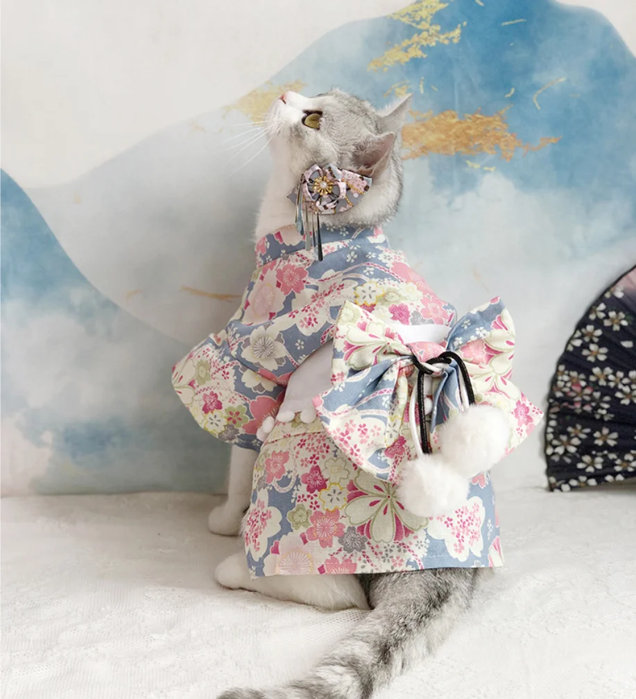 Japanese Style Thin Cat Dog Coat Kimono Summer Pet Clothes for Cats Dogs Cute Print with Bow-knot Kitten Sphynx Clothing Outfit