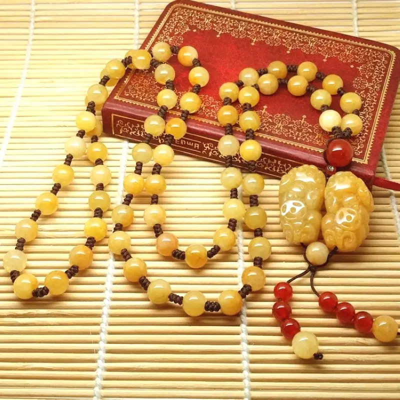 

Beautiful two Pi Xiu Pendant Amulet Huang Long Jade Mala Bead Hanging Necklace accessory