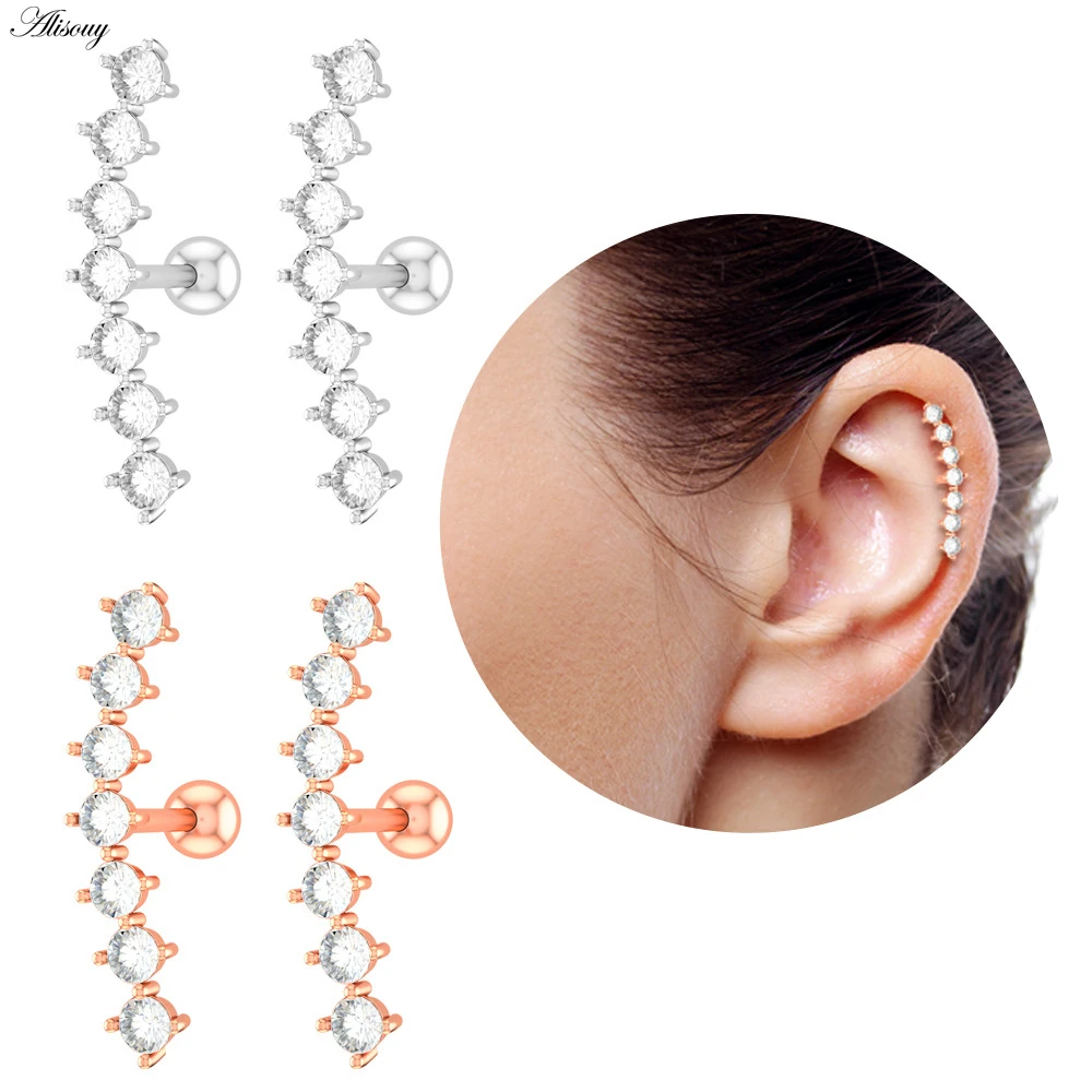 Alisouy 1PC Zircon CZ Leaf Heart Star Flower Ear Studs Cartilage Earring for Women Stainless Steel Small Ear Piercing Jewelry
