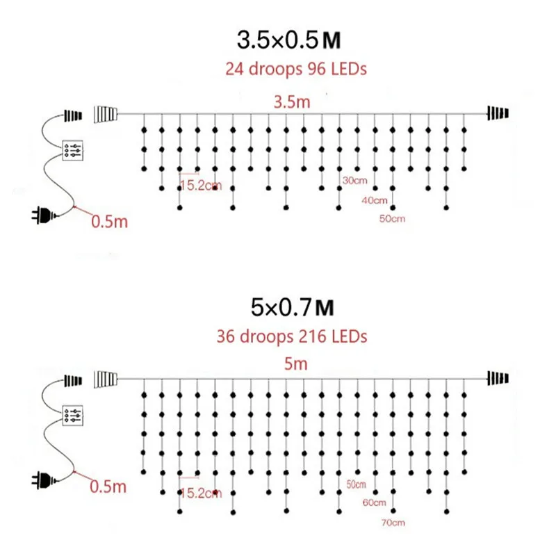 Guirlande lumineuse rideau de glaçons pour l'extérieur et l'intérieur, 3.5M de largeur, 0.3 M/0.4 M/0.5M, ondulations, éclairage de vacances, décorations de noël