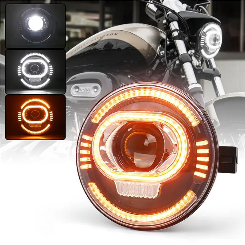 

7 Inch Round Headlight white DRL yellow Turn Signal Halo LED Headlamp 50W 7" LED For Harley Honda Yamaha Moto Front Light