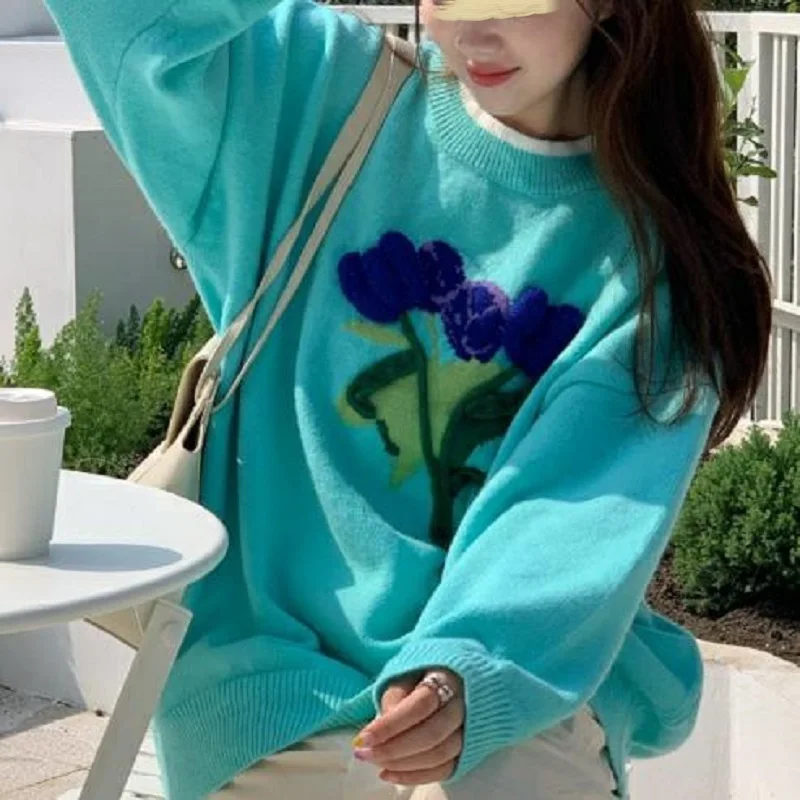 Woman's Sweater Cardigan Textural Flower Handmade Floral Knit O-Neck Pullover Loose-Fitting Ins Fashion Sweet High Street Casual