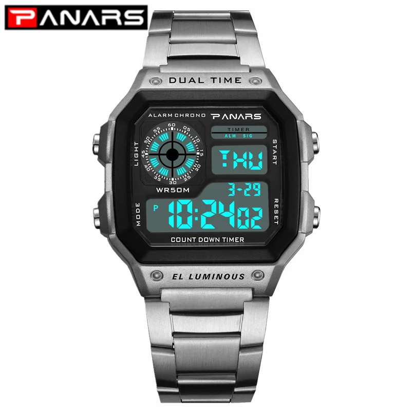 PANARS Reloj Deportivo Digital Men's Watches 50M Waterproof Sports Watch Stainless Steel Wristwatches Relojes Deportivos Zegarek