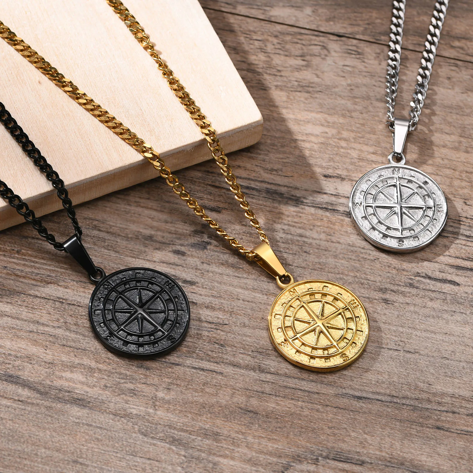 

Wholesale Gold Color Mens Compass Necklaces,Vintage Viking North Star Anchor Medal,Stainless Steel Pendant for Male