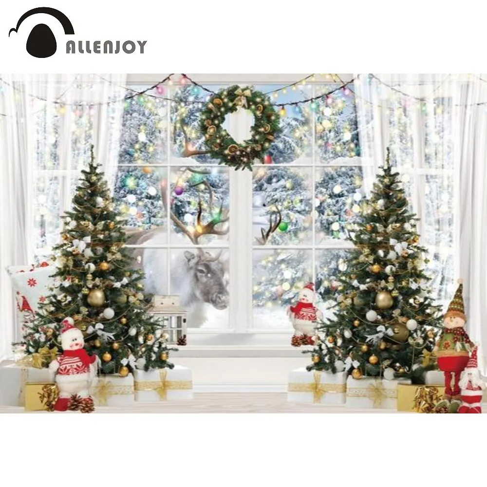 

Allenjoy Winter Christmas Interior Party Backdrop Wreath Curtain French Windows Trees Gifts Bells Banner Reindeer Background